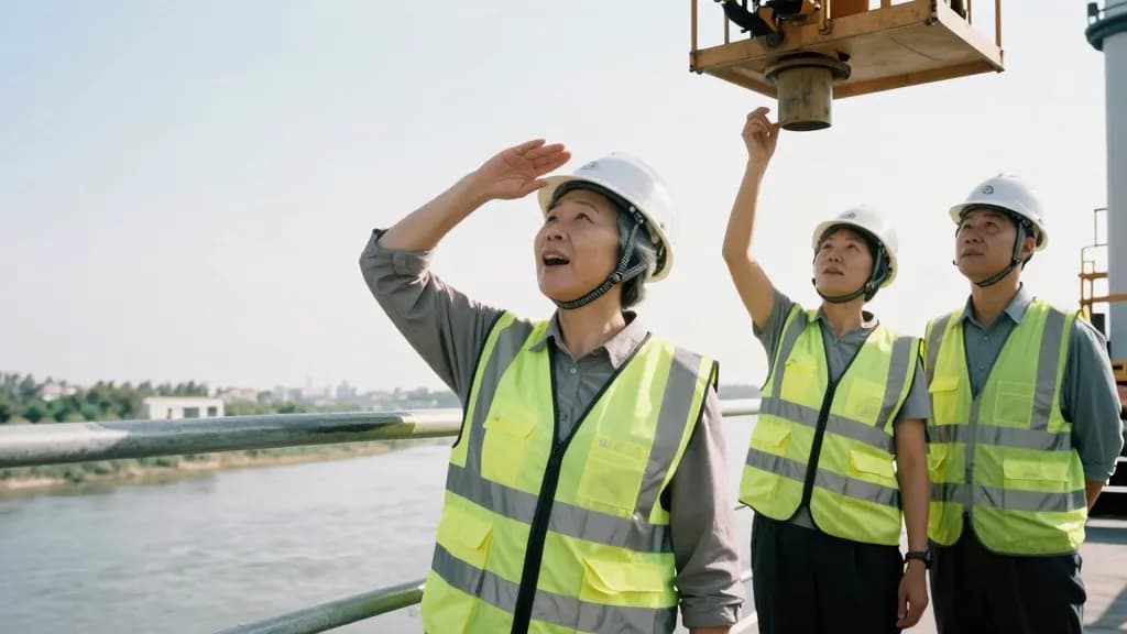 An East Asian woman in her fifties with short grey hair is standing on the bridge deck with two engineers, all three looking up at the crane lift above them,…