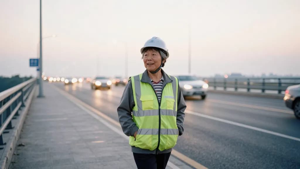 An East Asian woman in her fifties with short grey hair is walking the finished bridge deck at dusk with traffic now running across it, lights coming on alon…