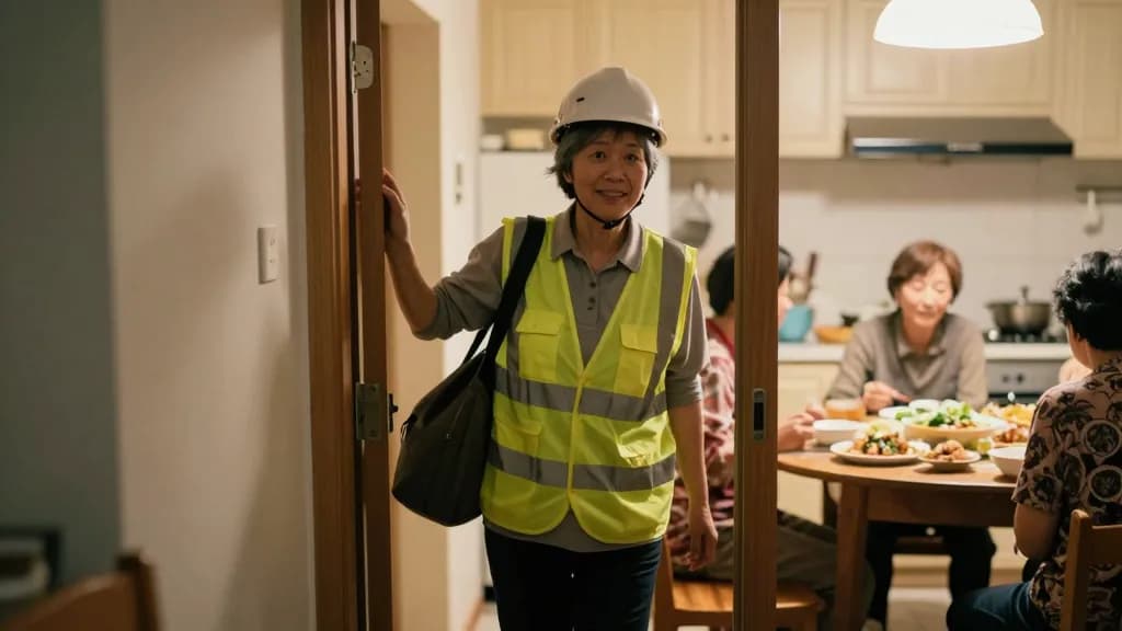 An East Asian woman in her fifties with short grey hair is arriving home late in the evening still in her work clothes as her family is finishing dinner at t…