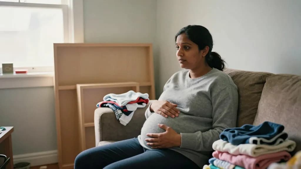 A South Asian woman in her thirties is sitting on a sofa in a half-prepared nursery with flat-pack furniture leaning against the wall, a folded pile of tiny…