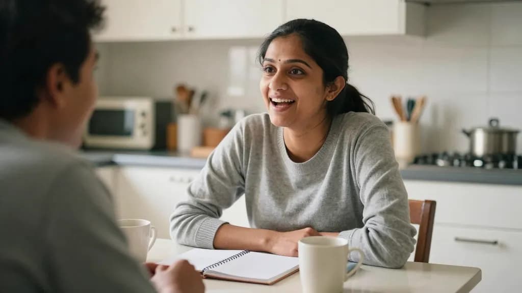 A South Asian woman in her thirties is sitting at a kitchen table opposite her partner mid discussion, two mugs between them and a notebook closed on the table