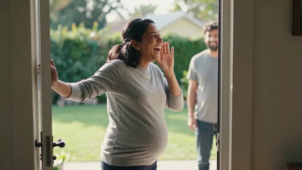 A South Asian woman in her thirties is standing at an open back door calling something out into the garden as a test, her partner standing further down the lawn