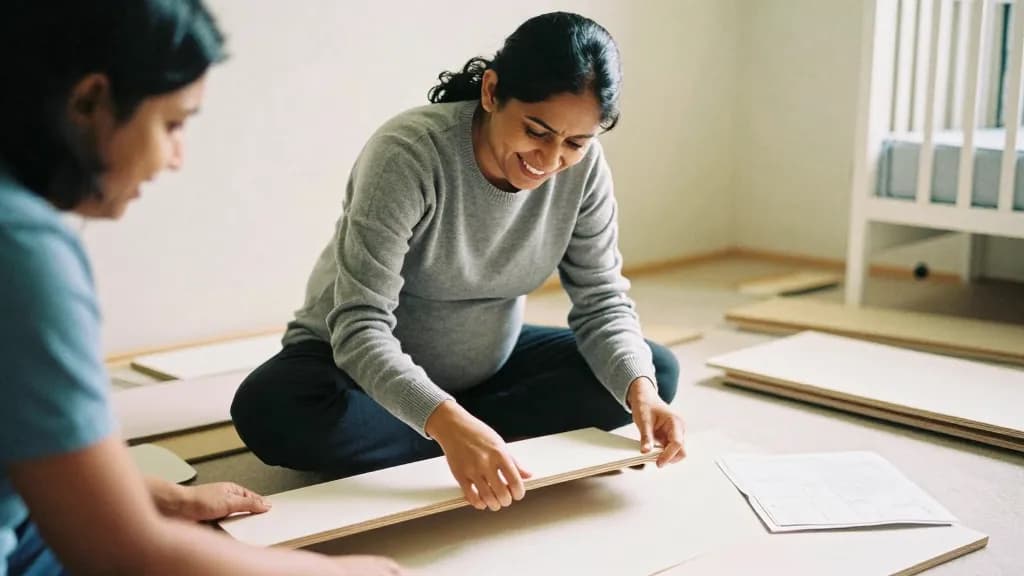 A South Asian woman in her thirties is sitting on the nursery floor building flat-pack furniture with her partner, parts spread around them and an instructio…