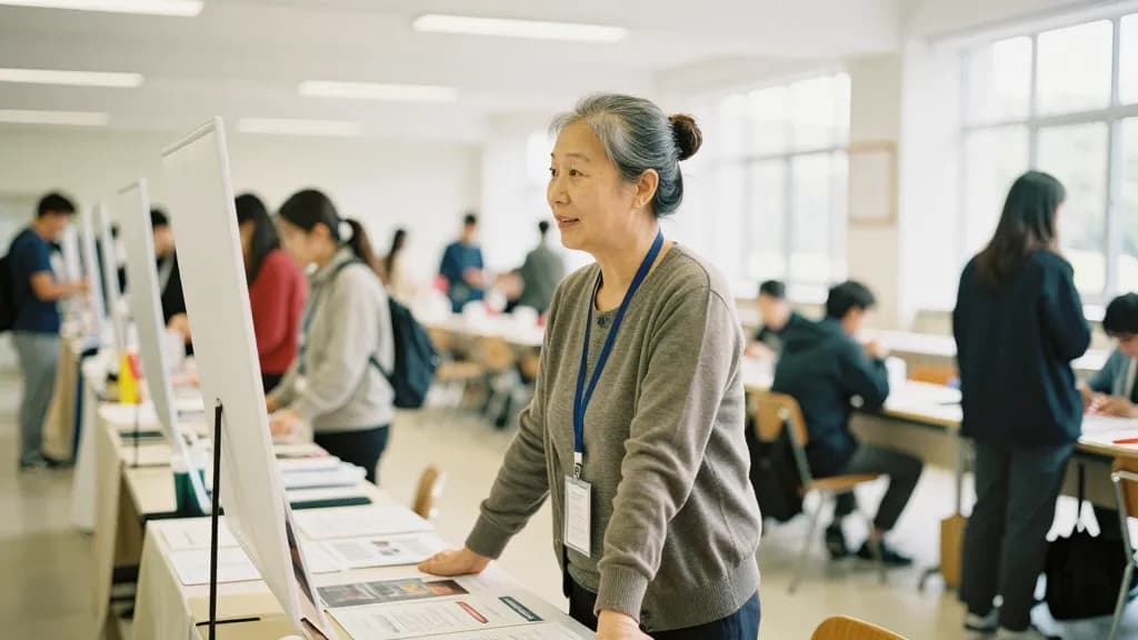 An East Asian woman in her fifties with grey-streaked hair in a bun is standing at a stall in a busy careers fair in a school hall, tables and pull-up-free d…