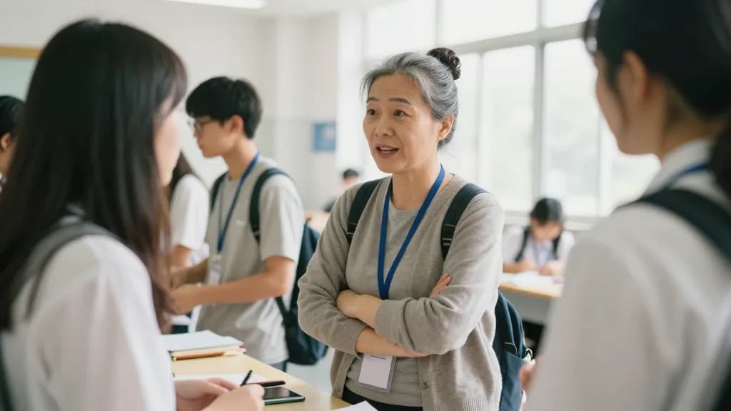 An East Asian woman in her fifties with grey-streaked hair in a bun is talking to a confident sixth-former across the stall table who is doing most of the ta…