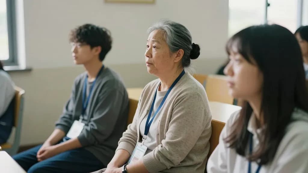 An East Asian woman in her fifties with grey-streaked hair in a bun is sitting on a chair beside a quiet student at the side of the hall, both of them turned…