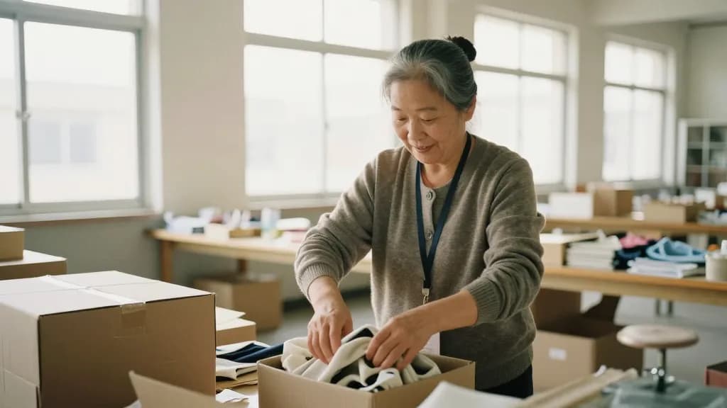 An East Asian woman in her fifties with grey-streaked hair in a bun is packing the stall away at the end of the day, boxes on the table and the hall emptying…