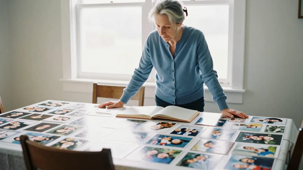 A white woman in her fifties with grey-streaked hair in a clip is standing over a dining table covered end to end with loose family photographs laid out in r…