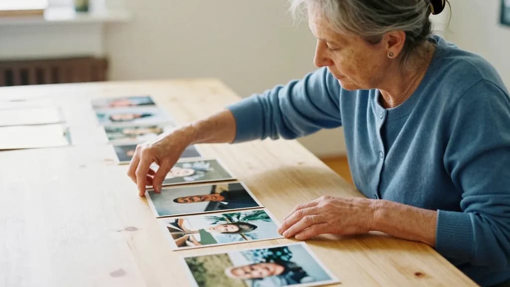 A white woman in her fifties with grey-streaked hair in a clip is moving a run of photographs into a single line along the table with one hand, the rest stil…