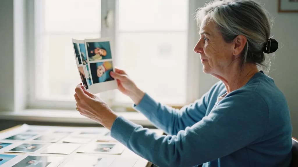 A white woman in her fifties with grey-streaked hair in a clip is holding three photographs fanned in one hand, comparing them against the light from the win…