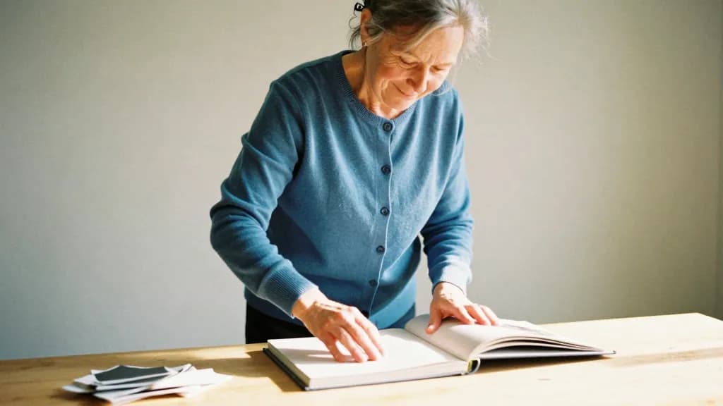 A white woman in her fifties with grey-streaked hair in a clip is smoothing a finished page of the album flat with both hands, the table now mostly clear and…