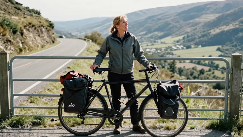 A white woman in her forties with sandy hair in a plait is standing beside a tandem bicycle propped against a gate at the bottom of a long hill, panniers loa…
