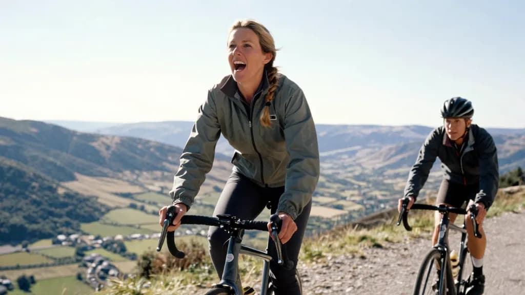 A white woman in her forties with sandy hair in a plait is riding over the top of the climb with her partner, the valley opening out below and both of them f…