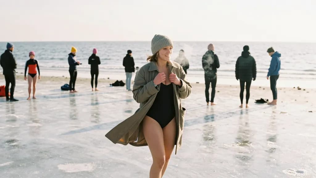 A white woman in her thirties with hair under a woolly hat is standing on a frozen-looking beach on New Year's morning among a scattered crowd in swimming co…