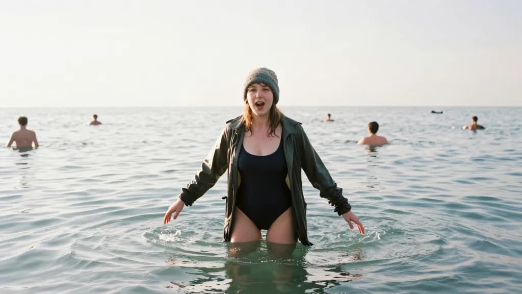 A white woman in her thirties with hair under a woolly hat is standing chest deep in the cold sea among other swimmers, all of them at different distances ou…
