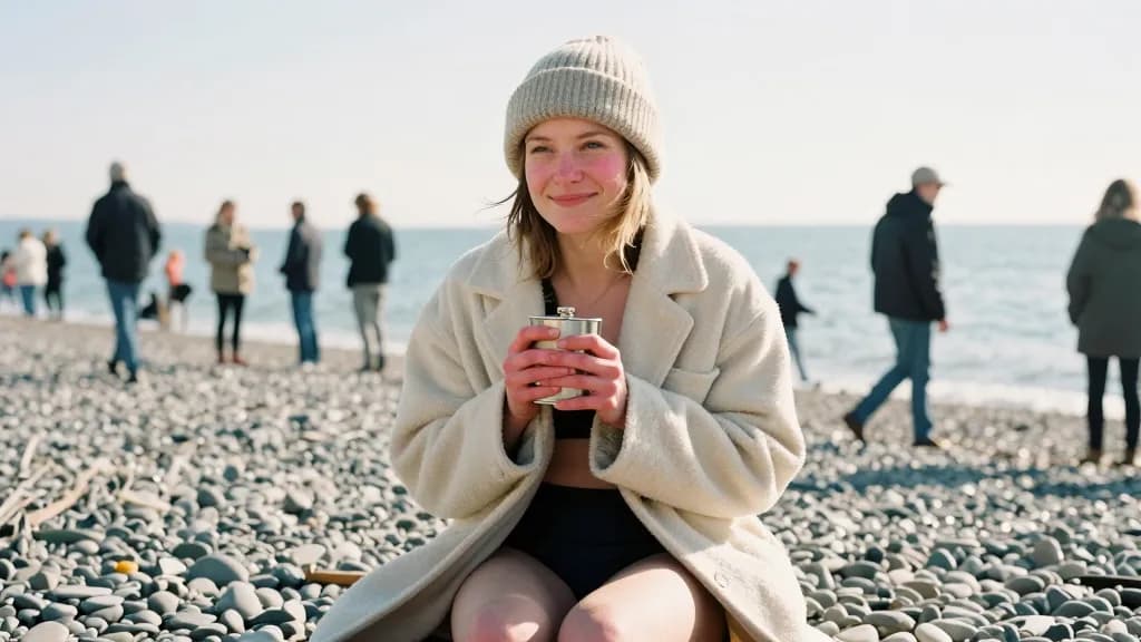 A white woman in her thirties with hair under a woolly hat is sitting wrapped in a coat on the shingle afterwards with a flask cup, the crowd dispersing and…