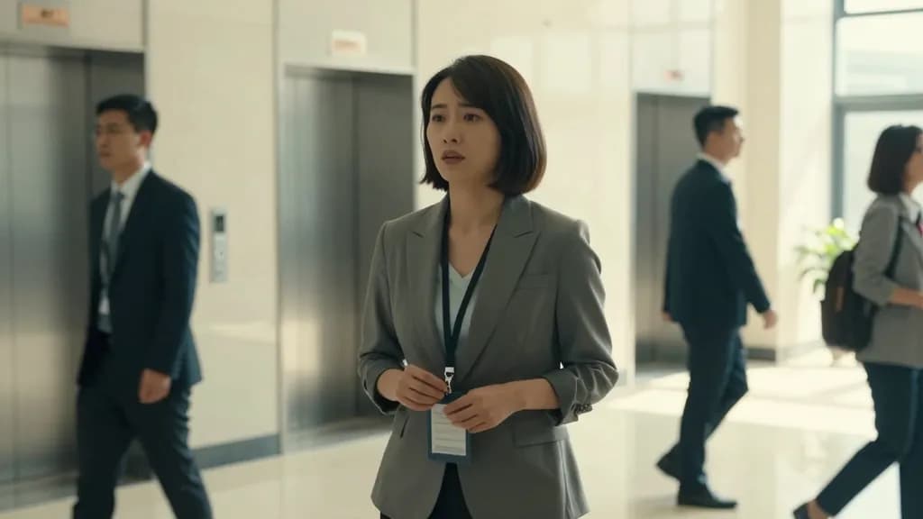 An East Asian woman in her twenties with a neat bob is standing in the lobby of an unfamiliar office building on her first morning holding a lanyard-free pas…