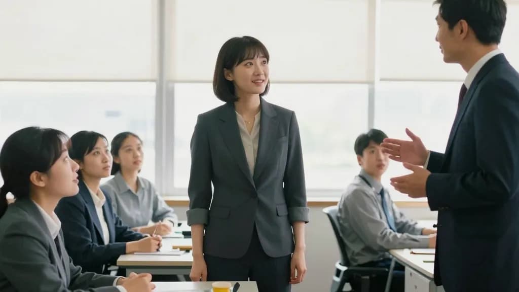 An East Asian woman in her twenties with a neat bob is being introduced to a row of seated colleagues at desks, a manager gesturing beside her and everyone l…