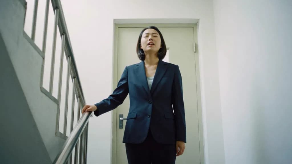 An East Asian woman in her twenties with a neat bob is standing alone in an office stairwell between floors with one hand on the rail-free wall, taking a bre…