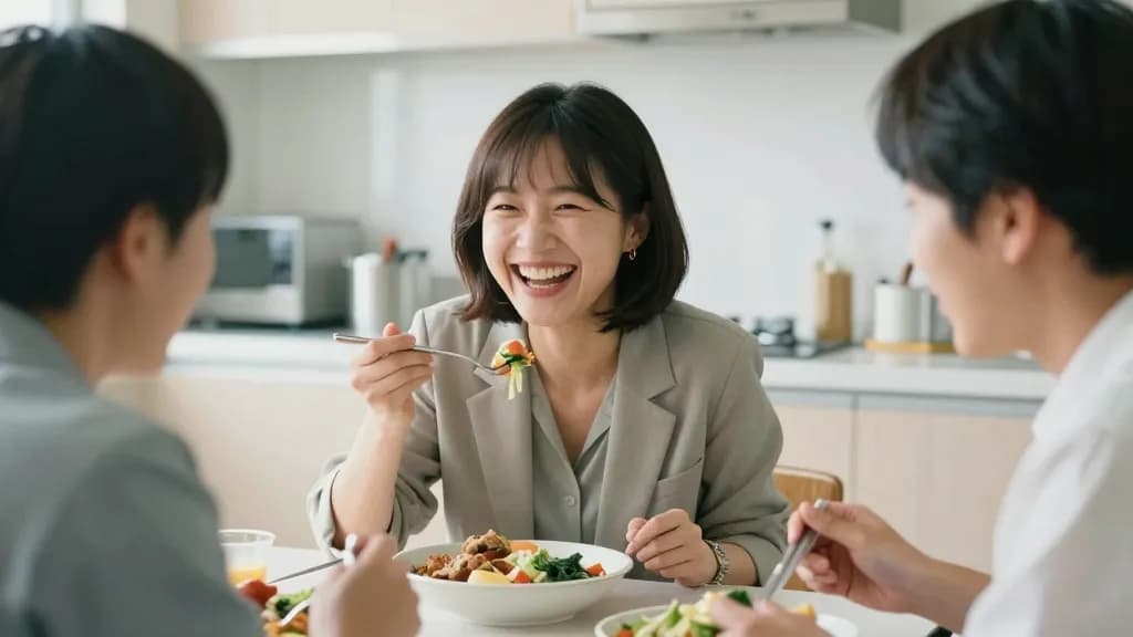 An East Asian woman in her twenties with a neat bob is sitting at a table in the office kitchen eating lunch with two colleagues, all three mid conversation