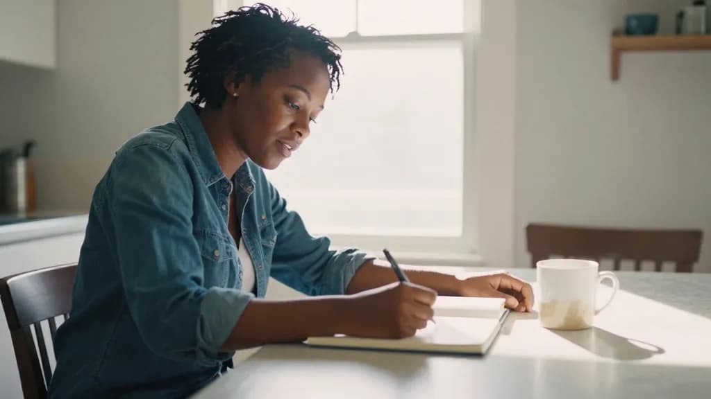 A Black woman in her late twenties with short twists is sitting at a kitchen table in the morning with a notebook open and a mug beside it, sunlight across t…