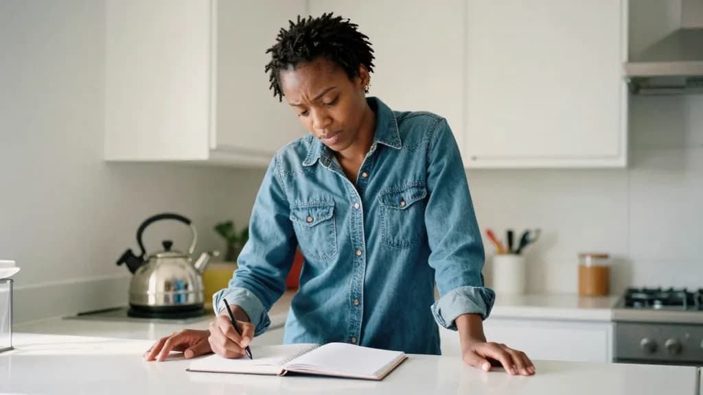 A Black woman in her late twenties with short twists is standing at a kitchen counter with the notebook propped against the wall, working through something w…