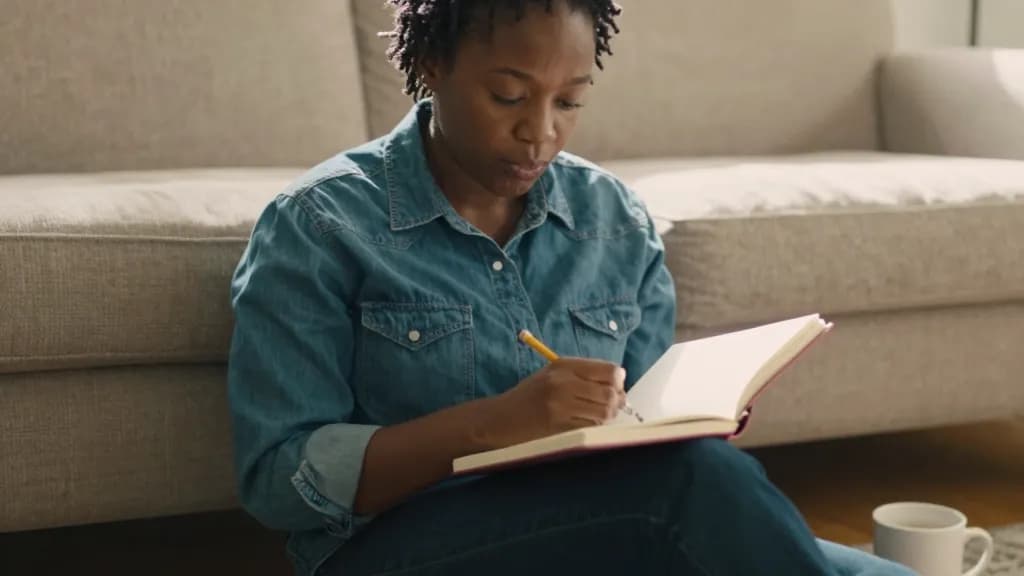 A Black woman in her late twenties with short twists is sitting on a sofa with the notebook on her knee and a pencil held loosely, a mug on the floor and aft…