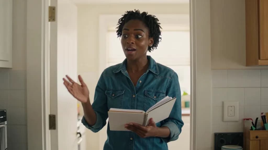 A Black woman in her late twenties with short twists is standing in a kitchen doorway telling a housemate something, notebook still in one hand and the other…