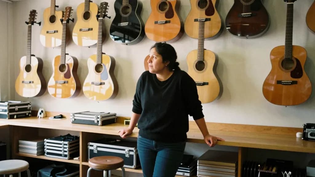 A Latina woman in her thirties with dark hair in a plait is standing in a small music shop between a wall of hanging guitars and a workbench, cases stacked b…