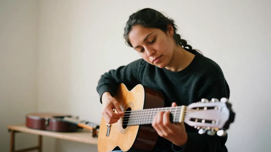 A Latina woman in her thirties with dark hair in a plait is turning a tuning peg on one guitar with her head tipped to listen, the other instrument still on…