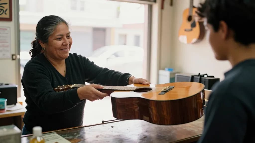 A Latina woman in her thirties with dark hair in a plait is handing one of the guitars across the counter to a young customer, the case open on the counter a…