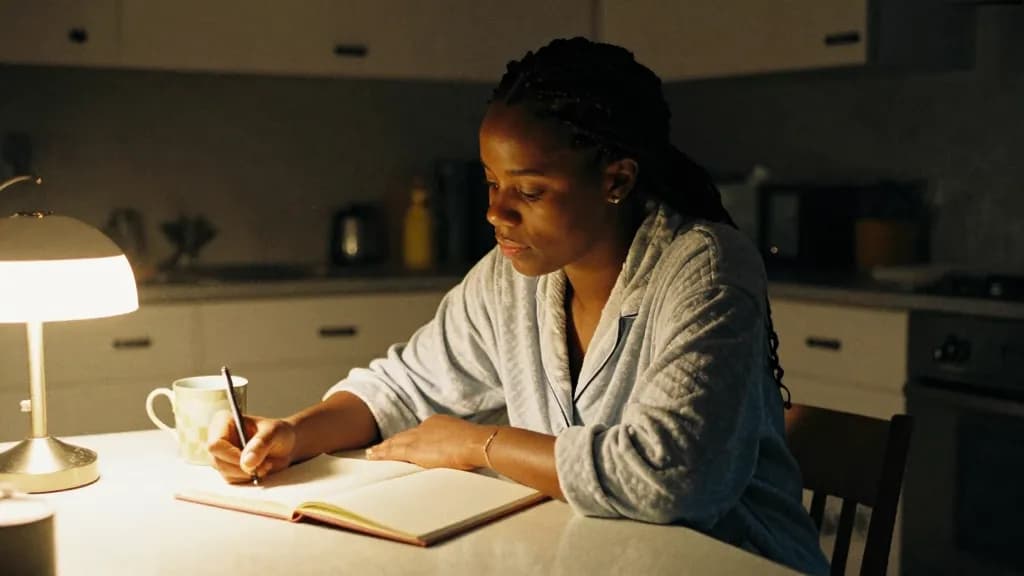 A Black woman in her thirties with braids tied back is sitting at a kitchen table before dawn with a single lamp on and a notebook open in front of her, the…