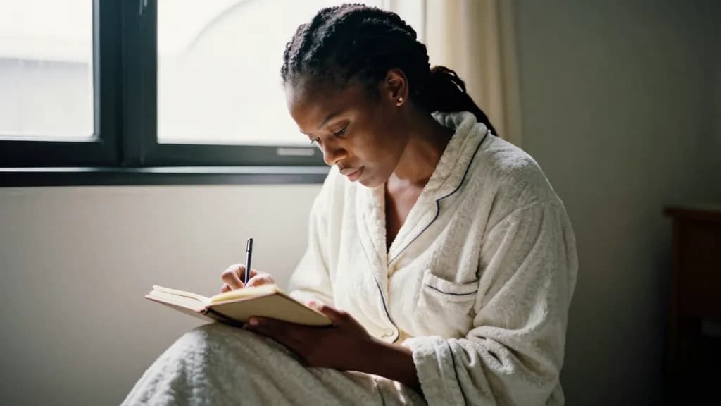 A Black woman in her thirties with braids tied back is writing steadily in the notebook by lamplight, the window black behind her and the flat silent