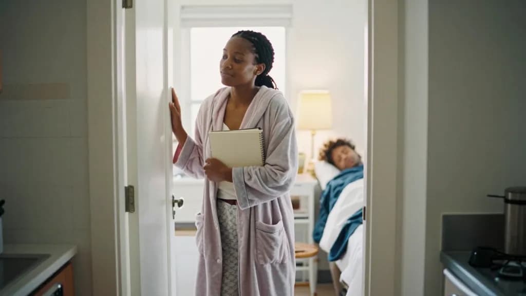 A Black woman in her thirties with braids tied back is standing in the kitchen doorway at dawn with the notebook closed under one arm as her partner comes th…