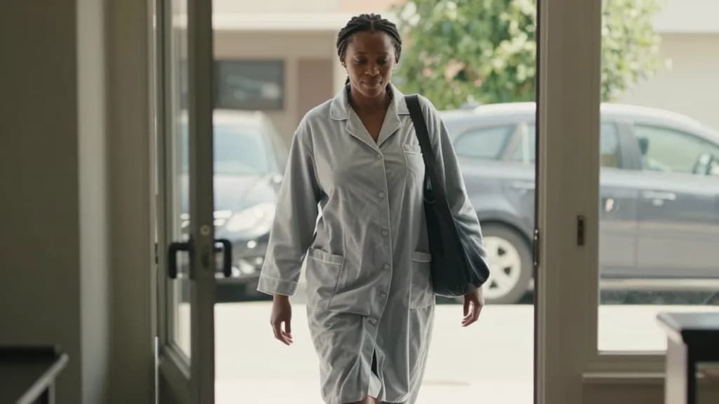 A Black woman in her thirties with braids tied back is walking out of a front door into ordinary morning traffic in work clothes with a bag on her shoulder,…