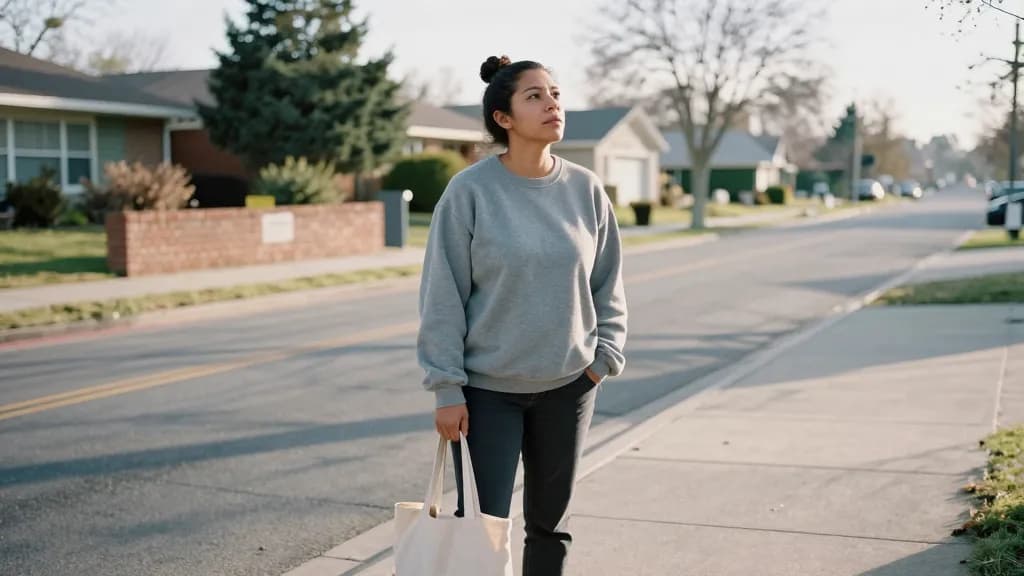 A Latina woman in her early thirties with dark hair in a topknot is standing at a bus stop on a suburban street early in the morning, a canvas tote at her fe…