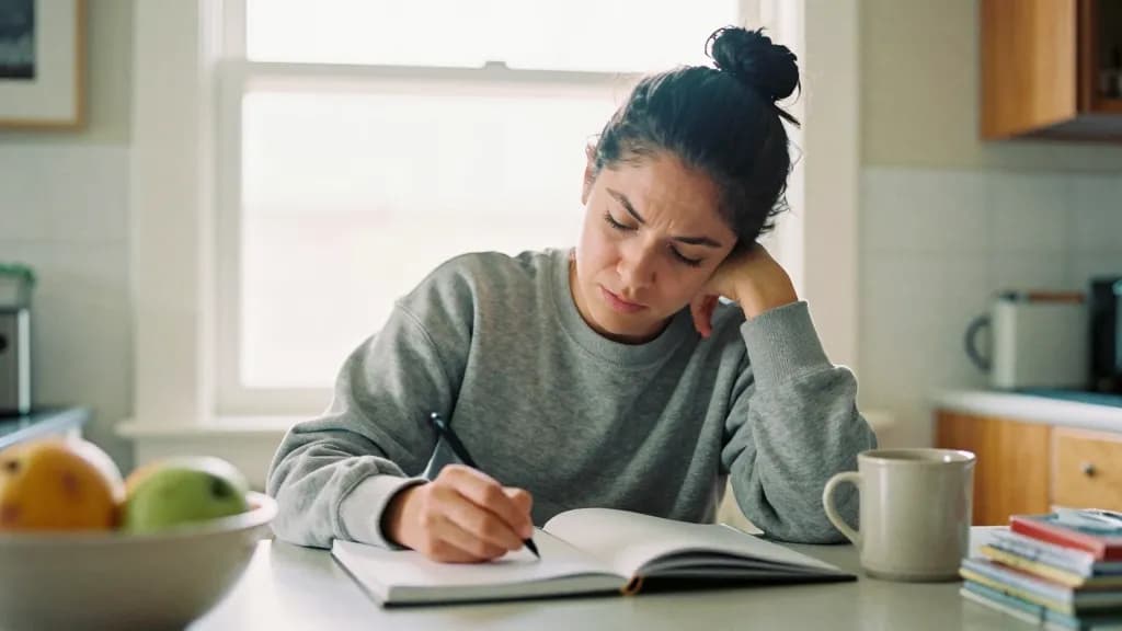 A Latina woman in her early thirties with dark hair in a topknot is sitting at a kitchen table with a notebook open in front of her and a mug at her elbow, a…