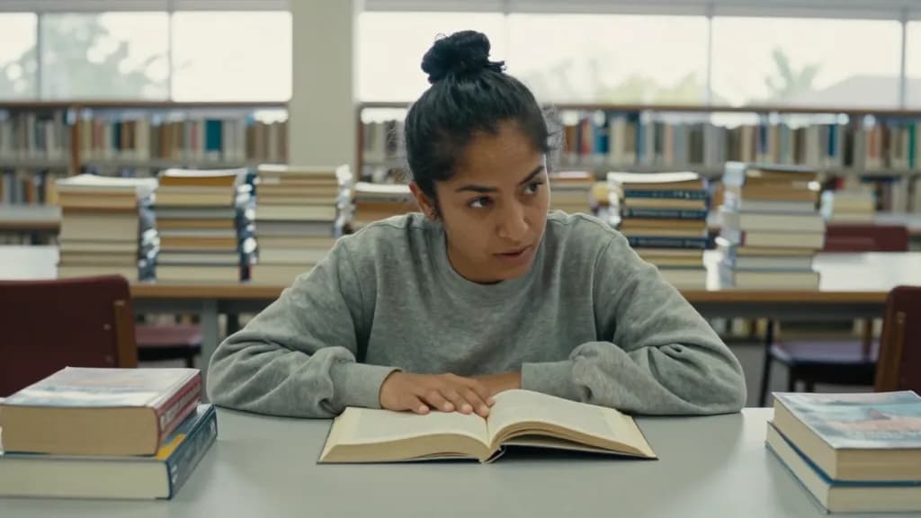 A Latina woman in her early thirties with dark hair in a topknot is in a quiet public library at a long table with tall stacks behind her, two books open and…