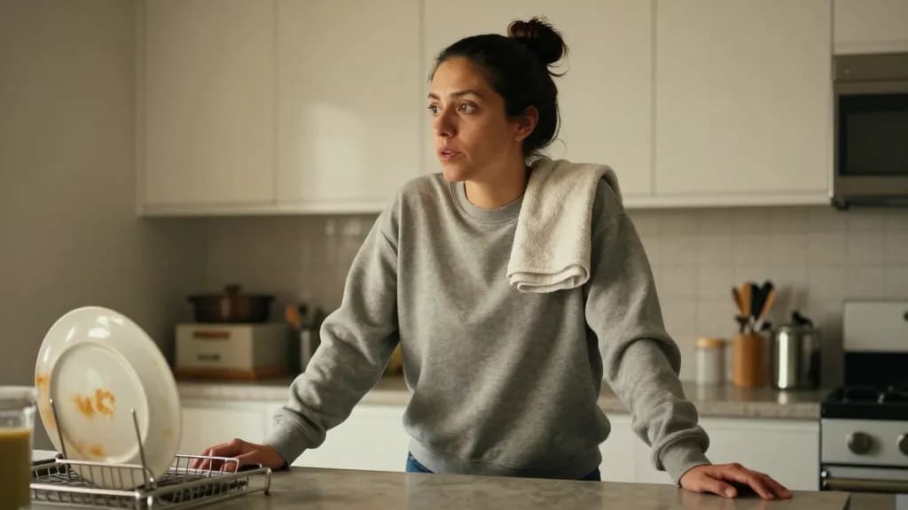 A Latina woman in her early thirties with dark hair in a topknot is standing in her kitchen having just stopped mid task, a tea towel over one shoulder and a…
