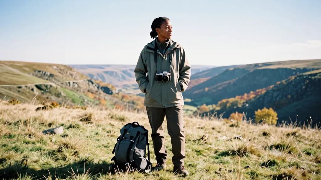 A Black woman in her thirties with braids tied back is standing on a hilltop looking out over a wide valley with a small camera hanging at her chest, a rucks…