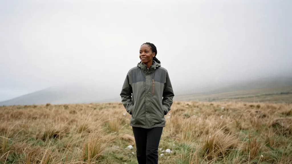 A Black woman in her thirties with braids tied back is standing at the same spot in thick low cloud with the valley entirely hidden, the grass wet and the li…