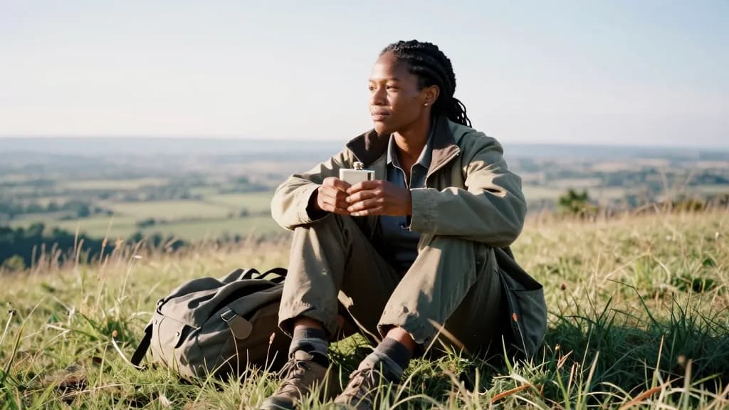 A Black woman in her thirties with braids tied back is sitting on the hilltop grass with a flask cup in both hands, the rucksack open beside her and the vall…