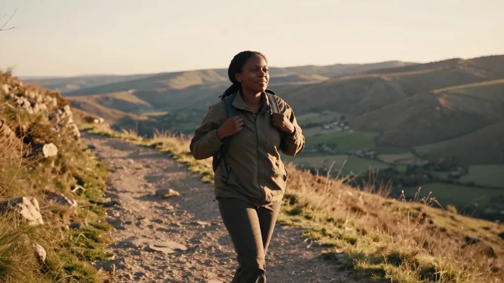 A Black woman in her thirties with braids tied back is walking back down the hill path in the last of the light with the rucksack on and the valley behind her