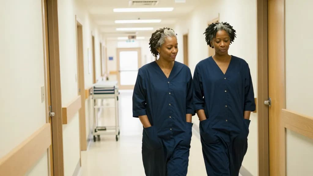 A Black woman in her early fifties with grey-flecked twists is standing in the wide central corridor of a community hospital, doorways running away on both s…