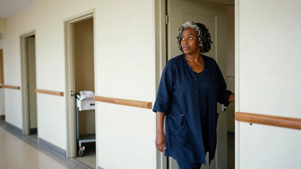 A Black woman in her early fifties with grey-flecked twists is walking past a row of open ward doorways, each showing a different scene inside, a linen troll…