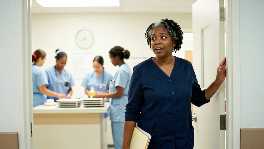 A Black woman in her early fifties with grey-flecked twists is standing in the doorway of a busy nurses' station where four colleagues are working, a counter…