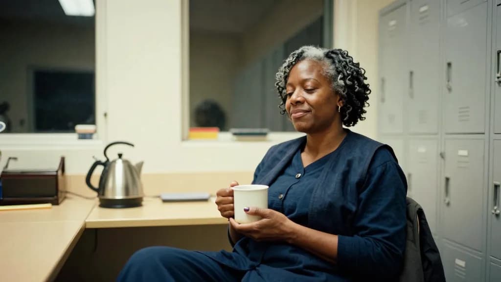A Black woman in her early fifties with grey-flecked twists is sitting in a staff room at the end of a shift with a mug in both hands, a kettle and a row of…