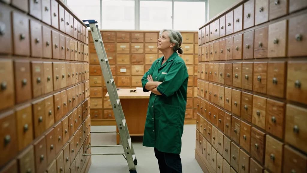 A white woman in her fifties with grey hair in a plait is standing in a seed library among tall banks of small wooden drawers running floor to ceiling, a rol…
