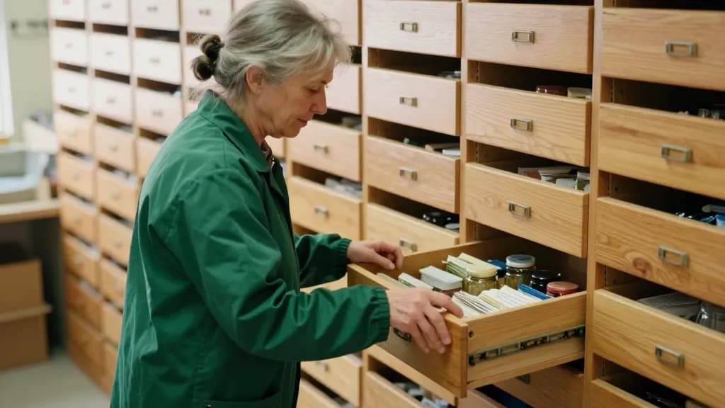 A white woman in her fifties with grey hair in a plait is pulling open a shallow wooden drawer at chest height, seed packets and small glass jars ranked insi…