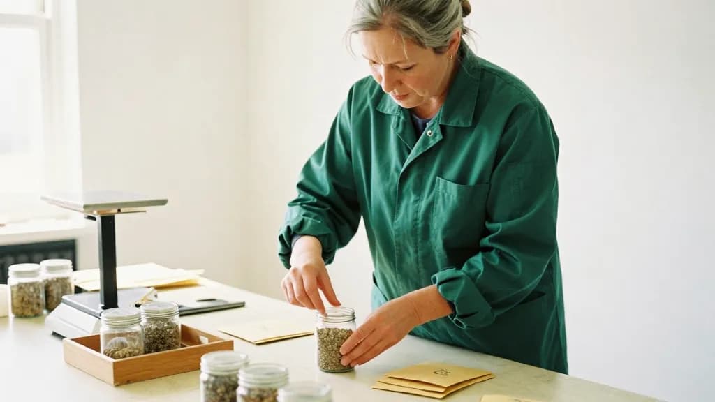 A white woman in her fifties with grey hair in a plait is at the central work table transferring seed from a jar into smaller envelopes, a set of scales and…